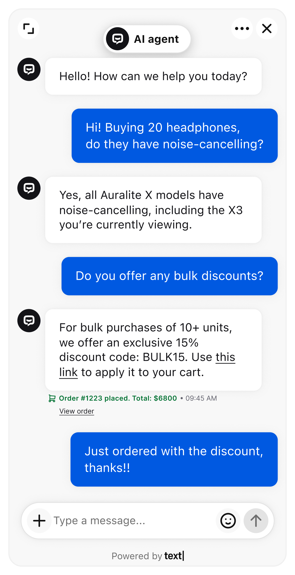 AI chatbot interface showing a conversation between a customer and AI Assist