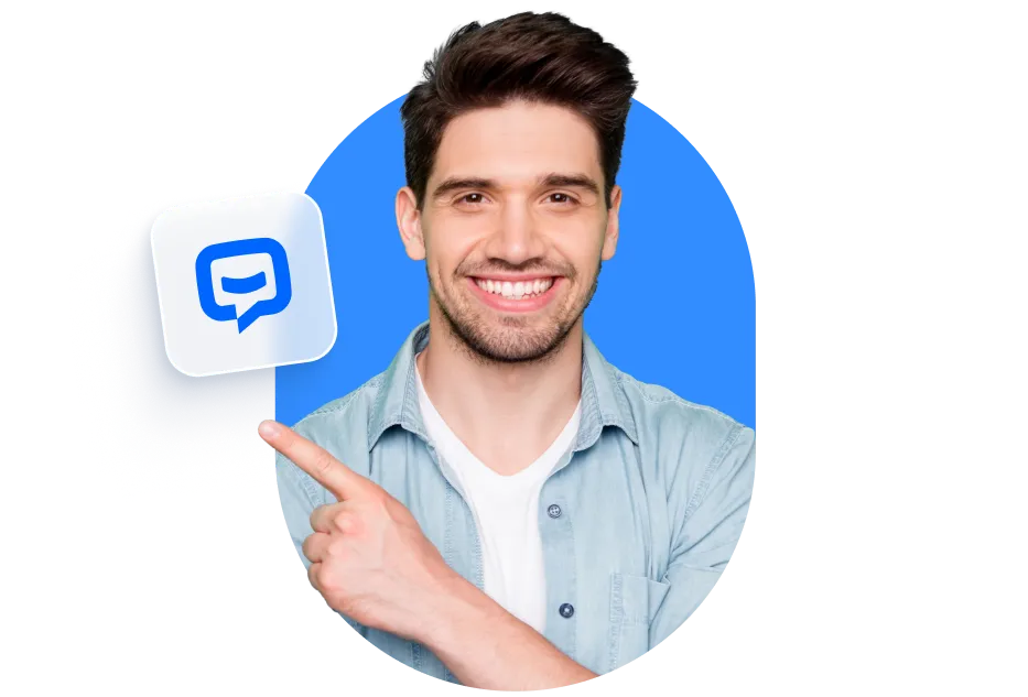 Man smiling and pointing towards a signup section