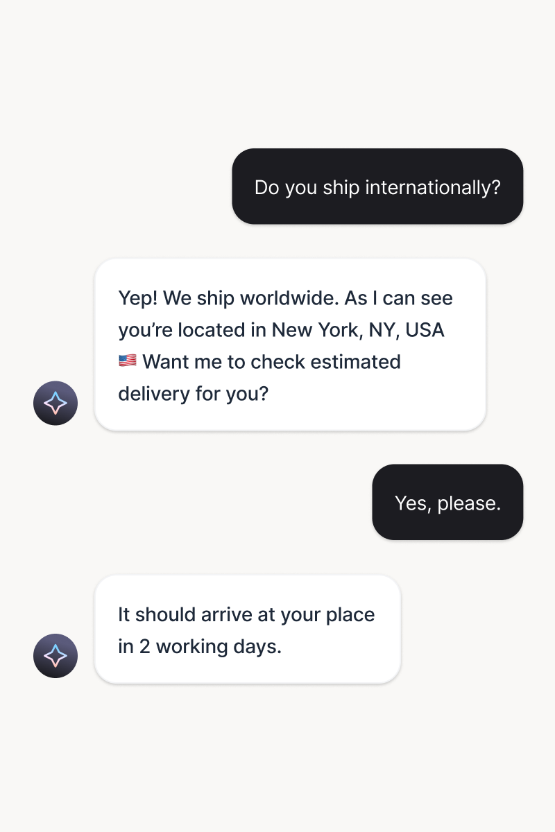 A conversation between an AI customer support agent and a customer about international shipping, illustrating how customer service automation and an AI agent provide delivery details and real-time support.