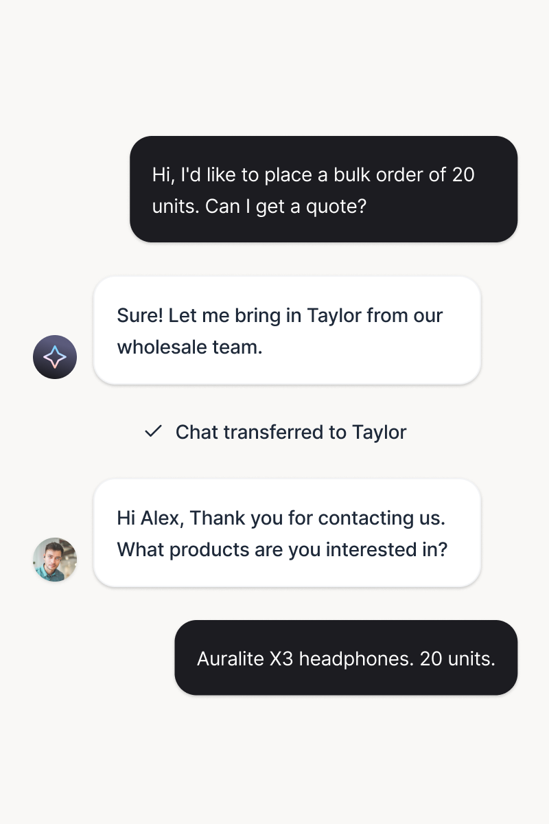A chat between an AI sales agent and a customer discussing a bulk order quote, showing how AI agents and customer service automation assist sales teams with discounts and wholesale requests.