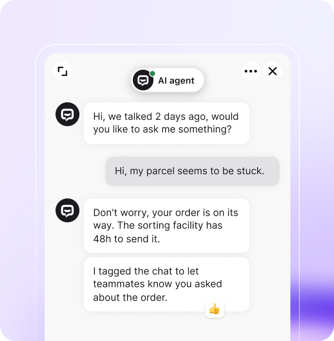 Chatbot widget powered by AI Assist feature, showing a conversation between a customer and an AI bot where the customer requests a new verification code.