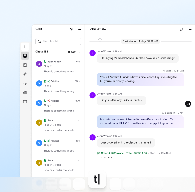 Text App for desktop showing inbox with chats, AI agent conversations, customer info, and Shopify order details.