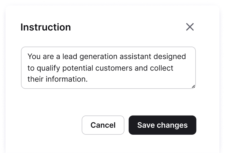 Custom instructions modal showing AI agent role and tone configuration with save and cancel buttons.