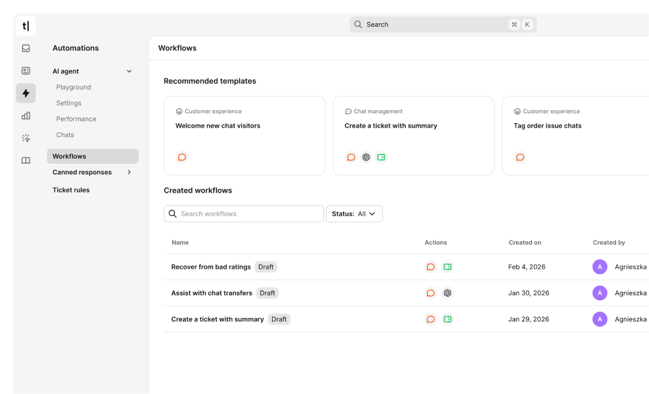 Workflows template library showing recommended templates for chat summaries, lead collection, and customer feedback.