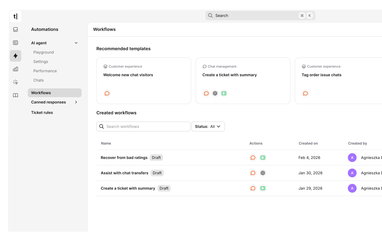 Workflows template library showing recommended templates for chat summaries, lead collection, and customer feedback.