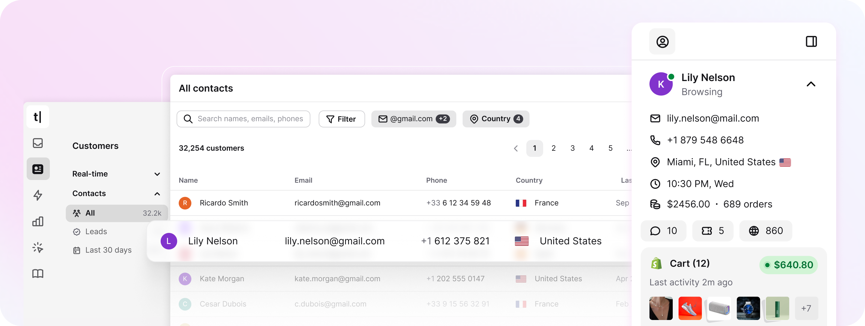 Customer list interface showing contacts, real-time visitor data, customer details, and ticket information.