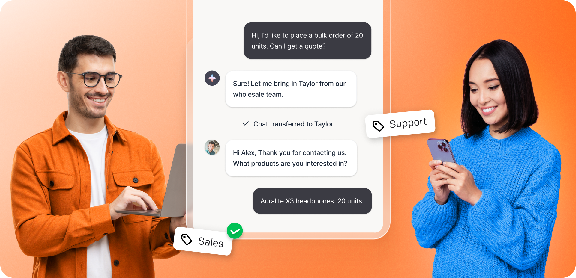 AI live chat automation interface showing real-time conversation management with chat transfer and team collaboration.
