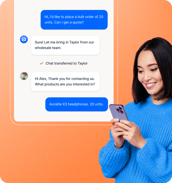 AI chatbot transferring a chat from an AI bot to an agent using LiveChat integration, with two people smiling and standing next to the chat interface.