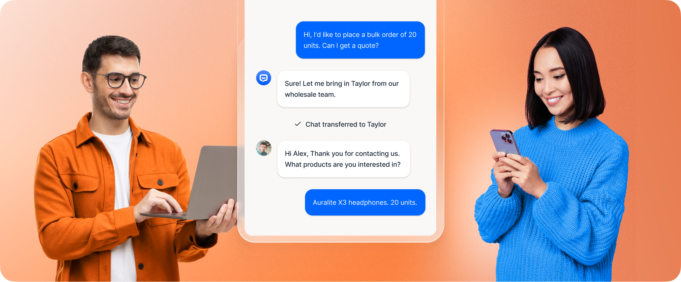 AI chatbot transferring a chat from an AI bot to an agent using LiveChat integration, with two people smiling and standing next to the chat interface.