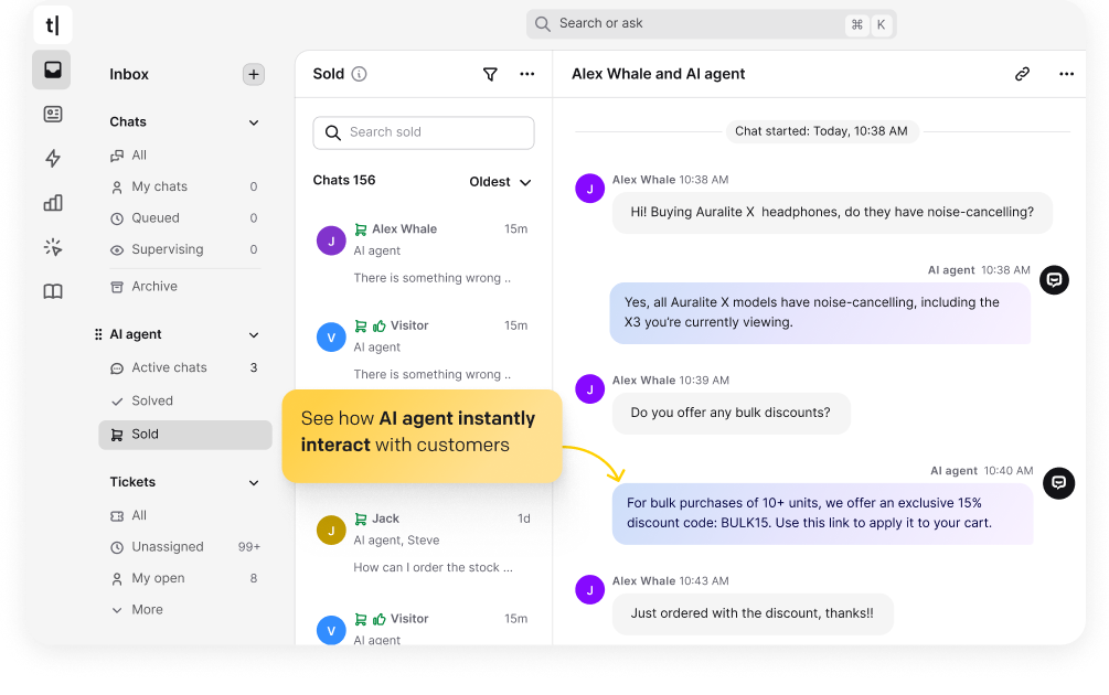 An ecommerce website interface featuring an AI chatbot widget, displaying a customer's question and an AI-generated response. The response includes a rich chatbot message in the form of an image carousel with recommended products. Enrich your website with an AI chatbot to instantly interact with customers.