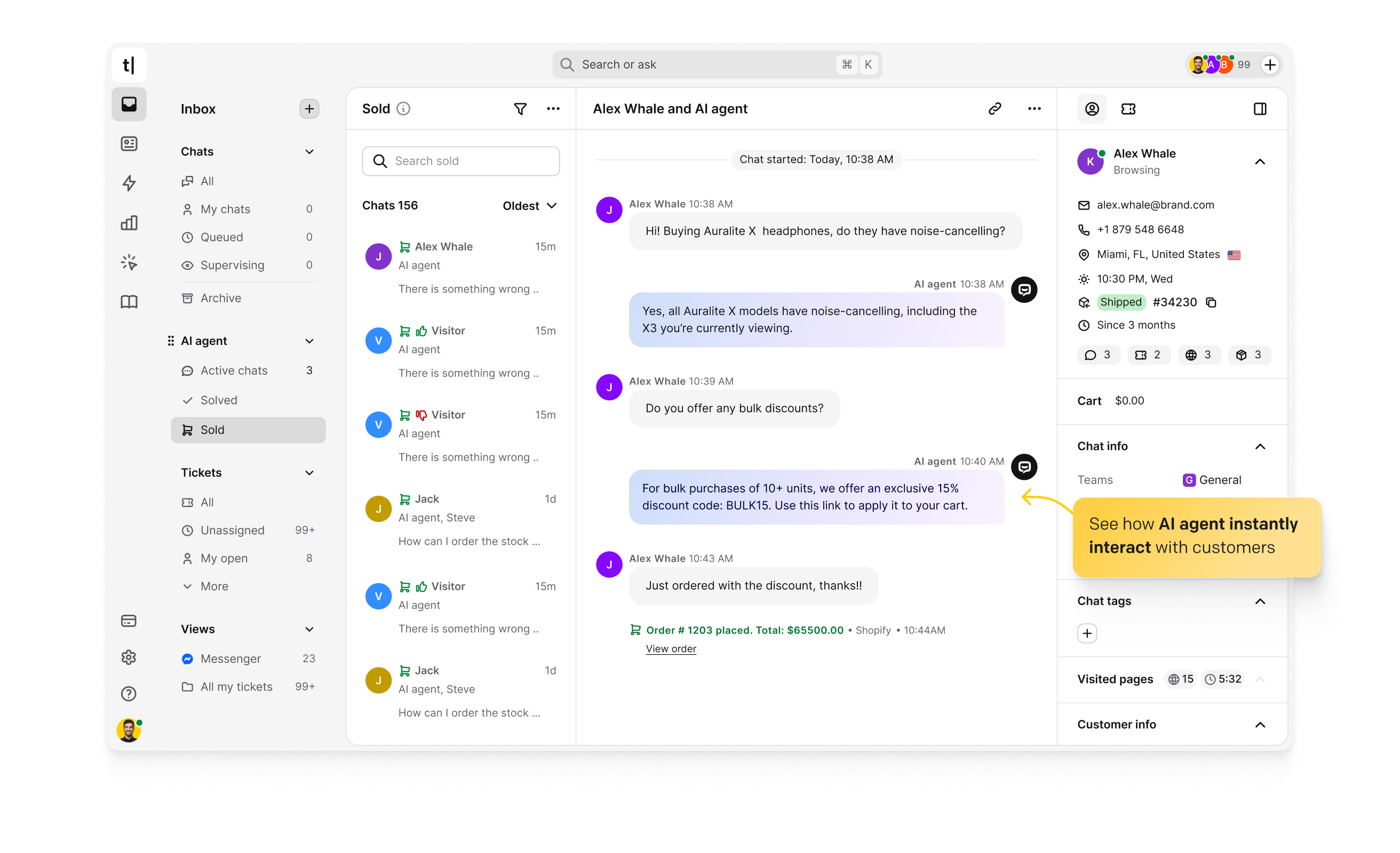 An ecommerce website interface featuring an AI chatbot widget, displaying a customer's question and an AI-generated response. The response includes a rich chatbot message in the form of an image carousel with recommended products. Enrich your website with an AI chatbot to instantly interact with customers.