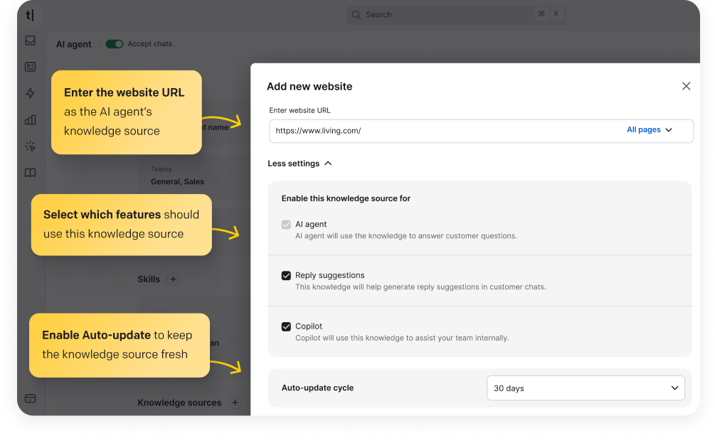 ChatBot software interface view with Set up your chatbot section, showing an AI chatbot training based on the provided website address. Use your website or other resources to make ChatBot an expert in your field. Select specific pages for precise AI model training. Instantly create your custom generative AI chatbot.