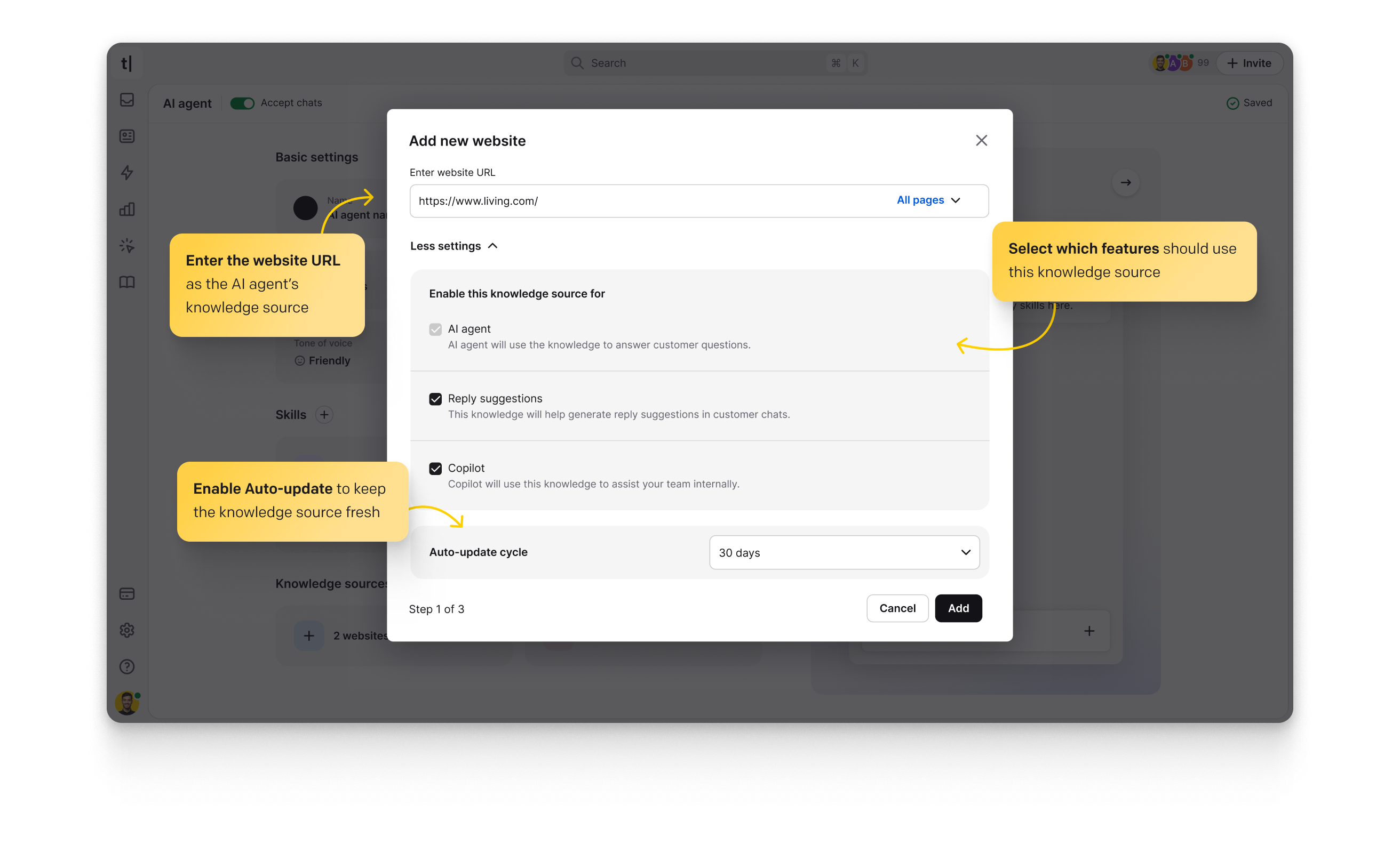 ChatBot software interface view with Set up your chatbot section, showing an AI chatbot training based on the provided website address. Use your website or other resources to make ChatBot an expert in your field. Select specific pages for precise AI model training. Instantly create your custom generative AI chatbot.