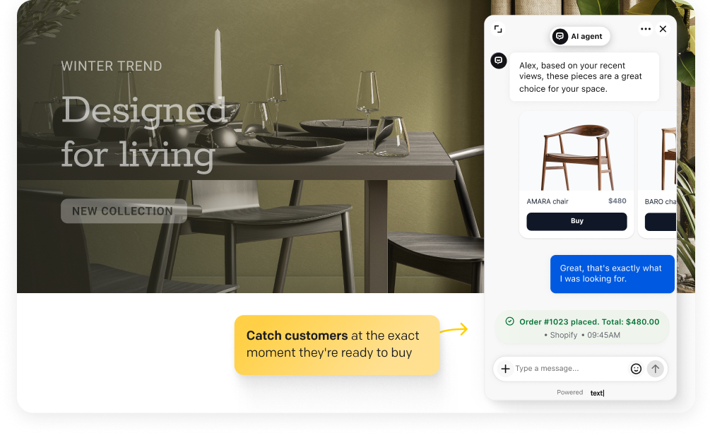 ChatBot AI agent recommending products and recovering abandoned carts to drive sales conversions.