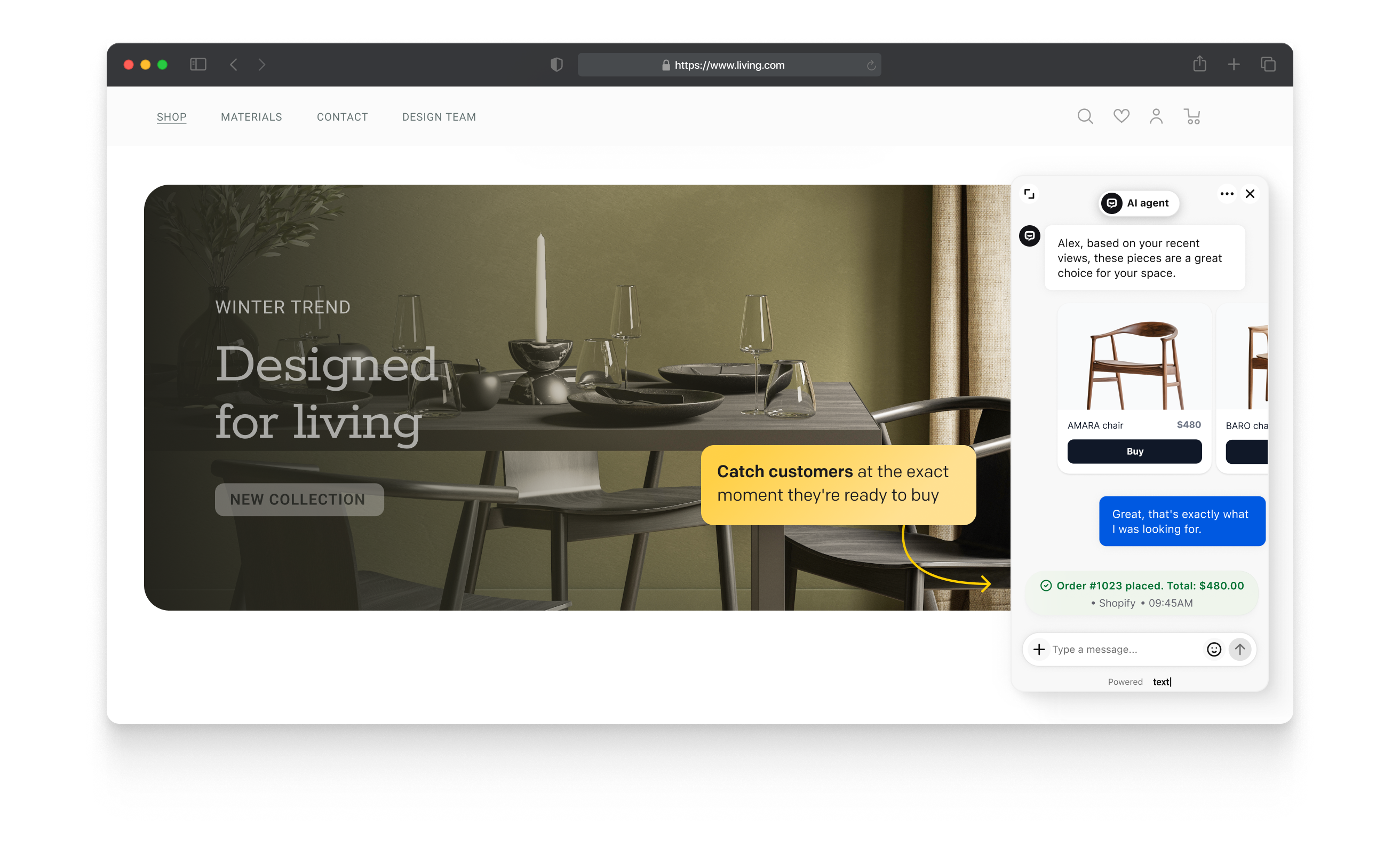 ChatBot AI agent recommending products and recovering abandoned carts to drive sales conversions.