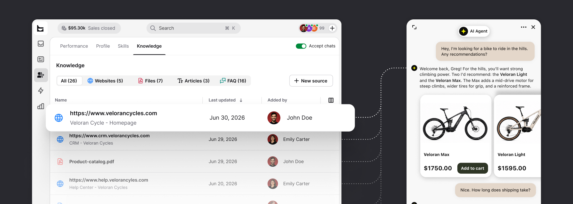 AI agent trained on store knowledge sources recommending bikes with add-to-cart in a Shopify chat
