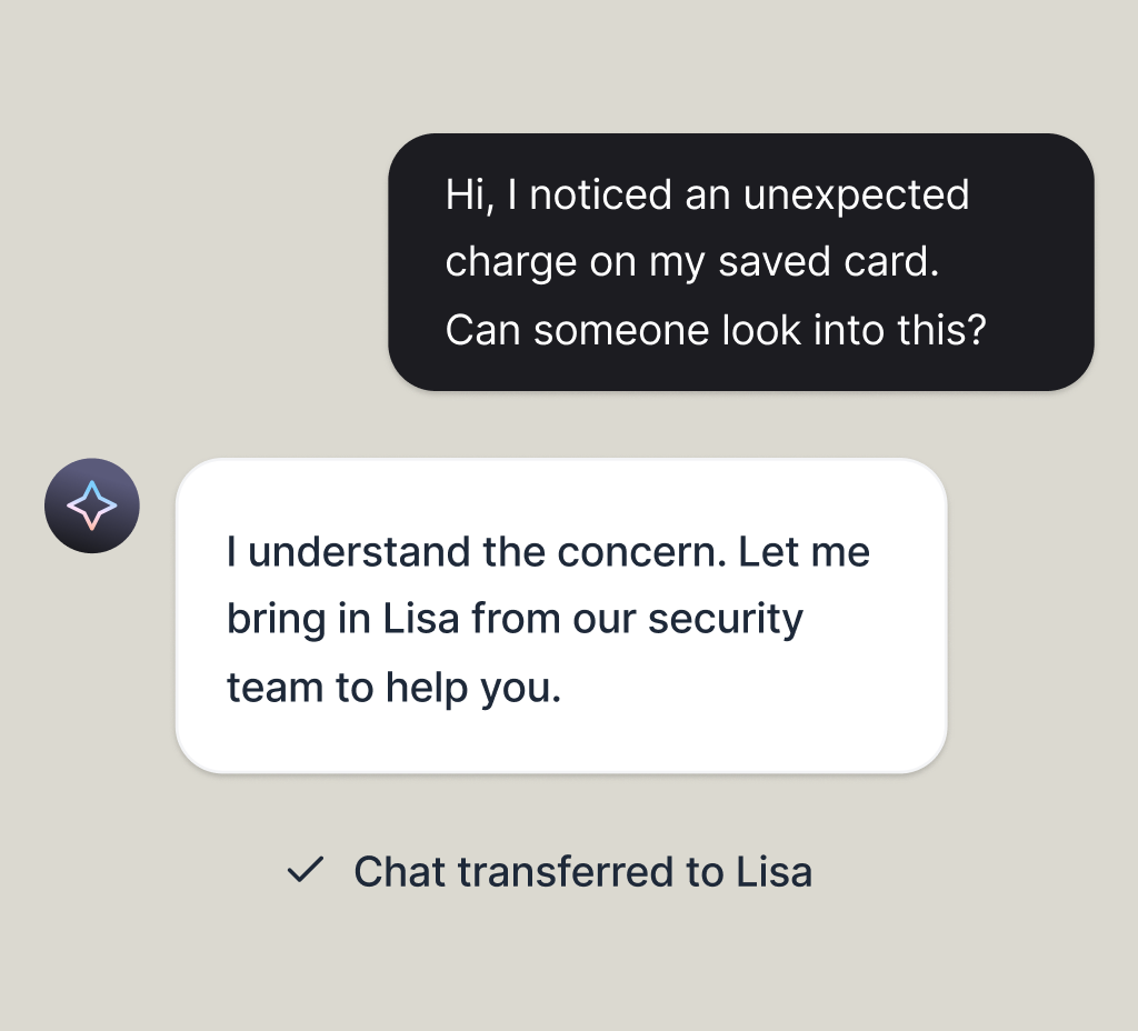 AI agent bringing a security teammate into the conversation, with the chat transfer confirmed