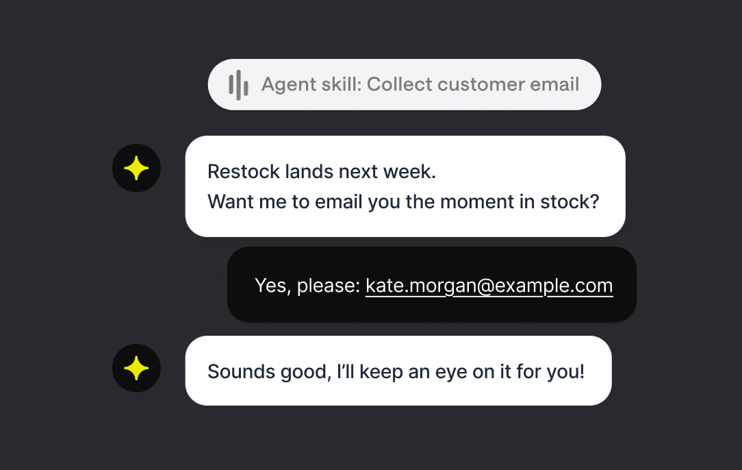 AI agent offering a back-in-stock email alert after spotting buying intent in a store chat