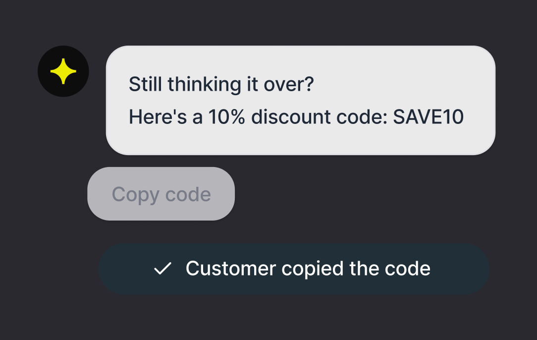 AI agent offering a 10 percent discount code with a copy button, confirmed as copied by the customer