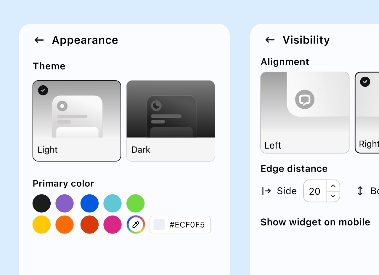 Widget appearance and visibility settings with theme, primary colors, alignment, and edge distance