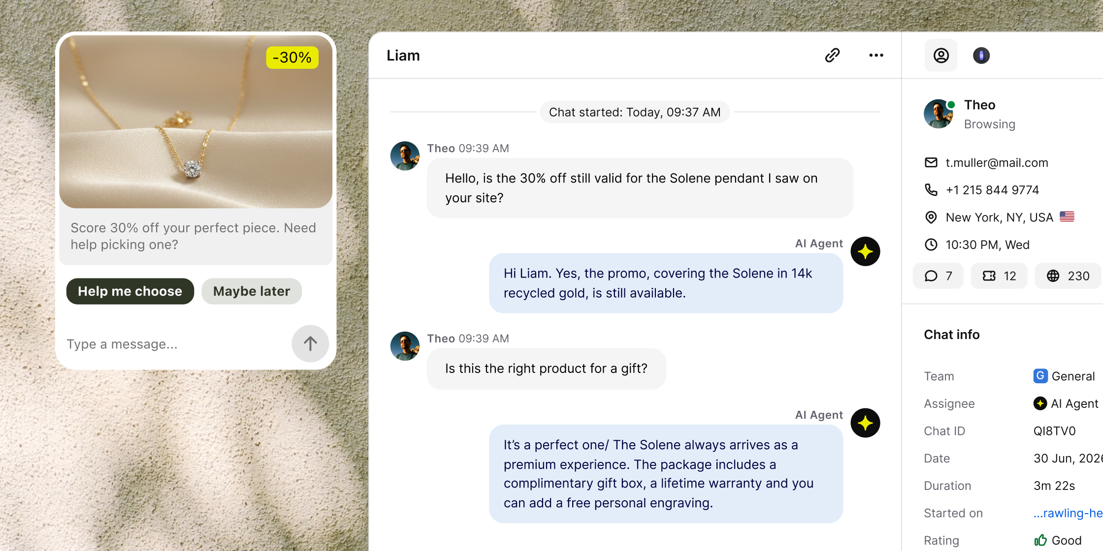 Website chat with a proactive discount greeting, an AI agent answering a gift question, and the visitor's profile beside the conversation