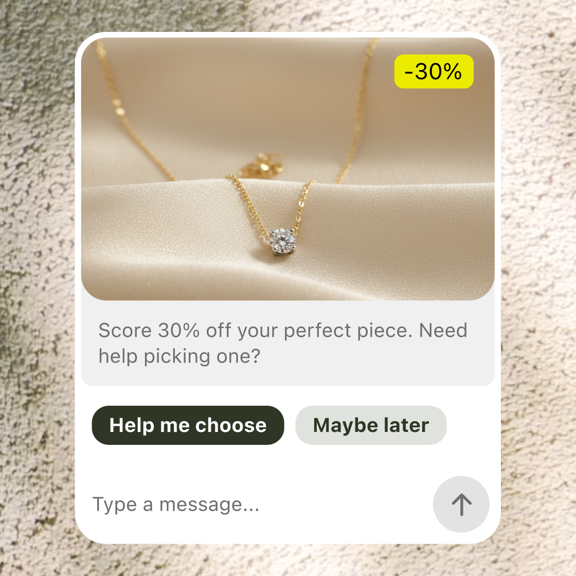 Chat widget greeting a visitor with a 30 percent offer and quick replies on a jewelry site