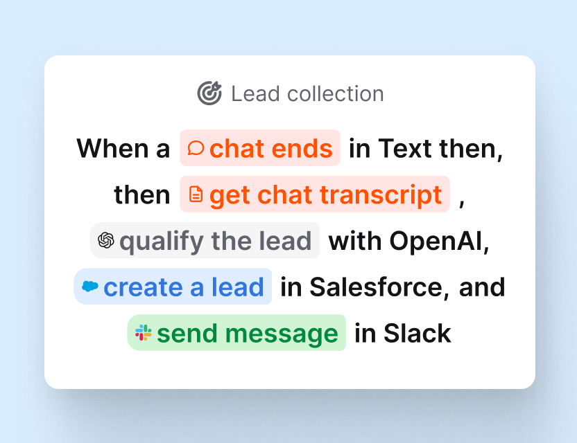 Lead collection workflow that qualifies the lead when a chat ends and sends it to the CRM and the sales channel