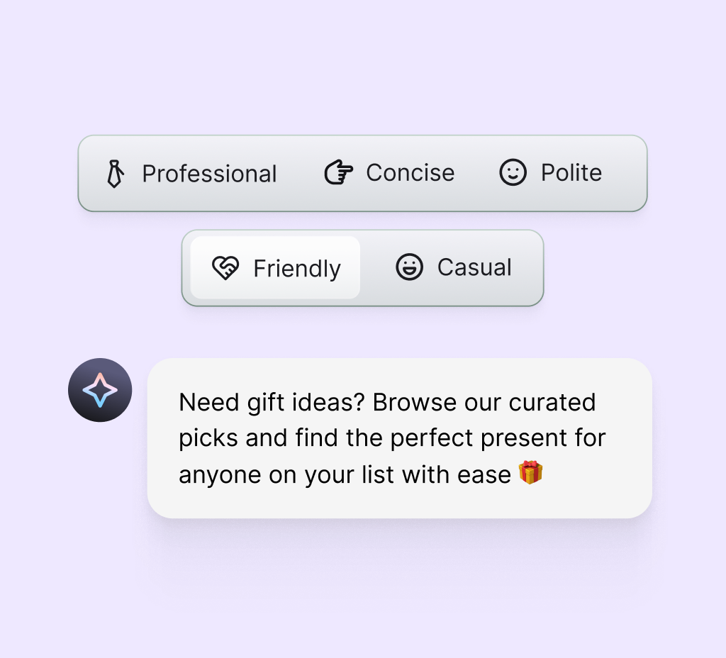 Tone of voice options with a friendly on-brand reply suggesting gift ideas