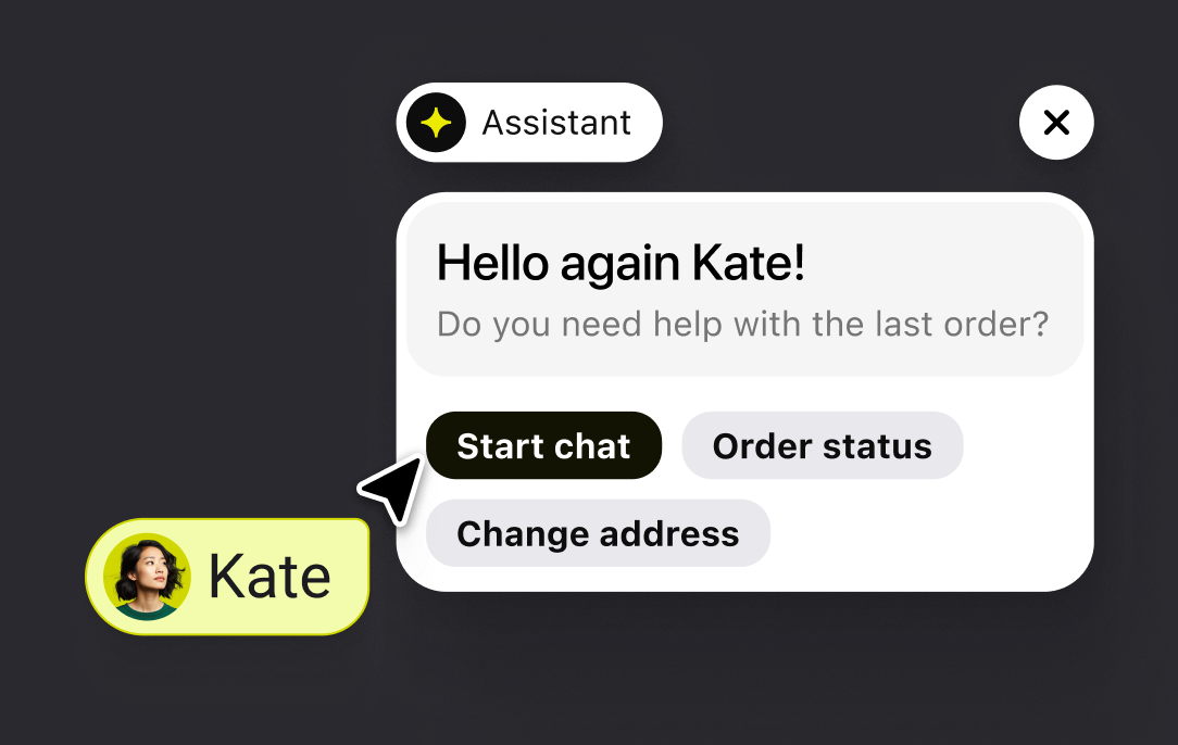Assistant greeting a returning visitor with quick actions to start a chat or check an order