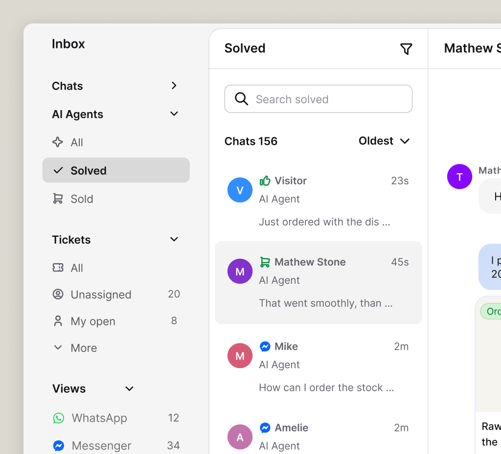 Text inbox showing solved AI agent chats, tickets, and WhatsApp and Messenger views in one place