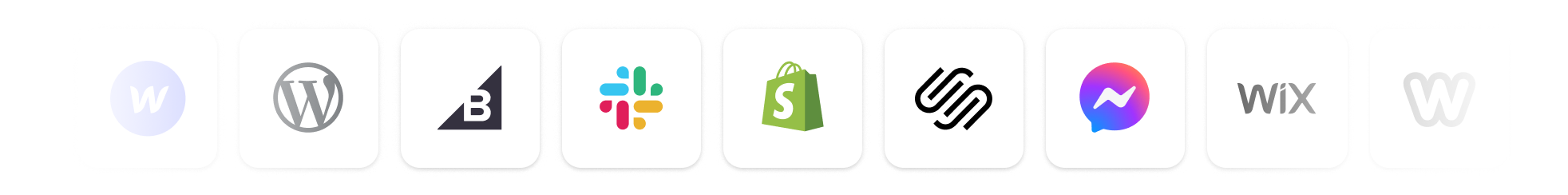 Logos of popular platforms integrated with AI customer service chatbots, including Slack, Facebook Messenger, WordPress, Shopify, BigCommerce, Squarespace, Wix, and Weebly — showcasing how AI-powered chatbots connect across multiple channels and messaging apps to improve customer support, streamline workflows, and enhance customer experience.