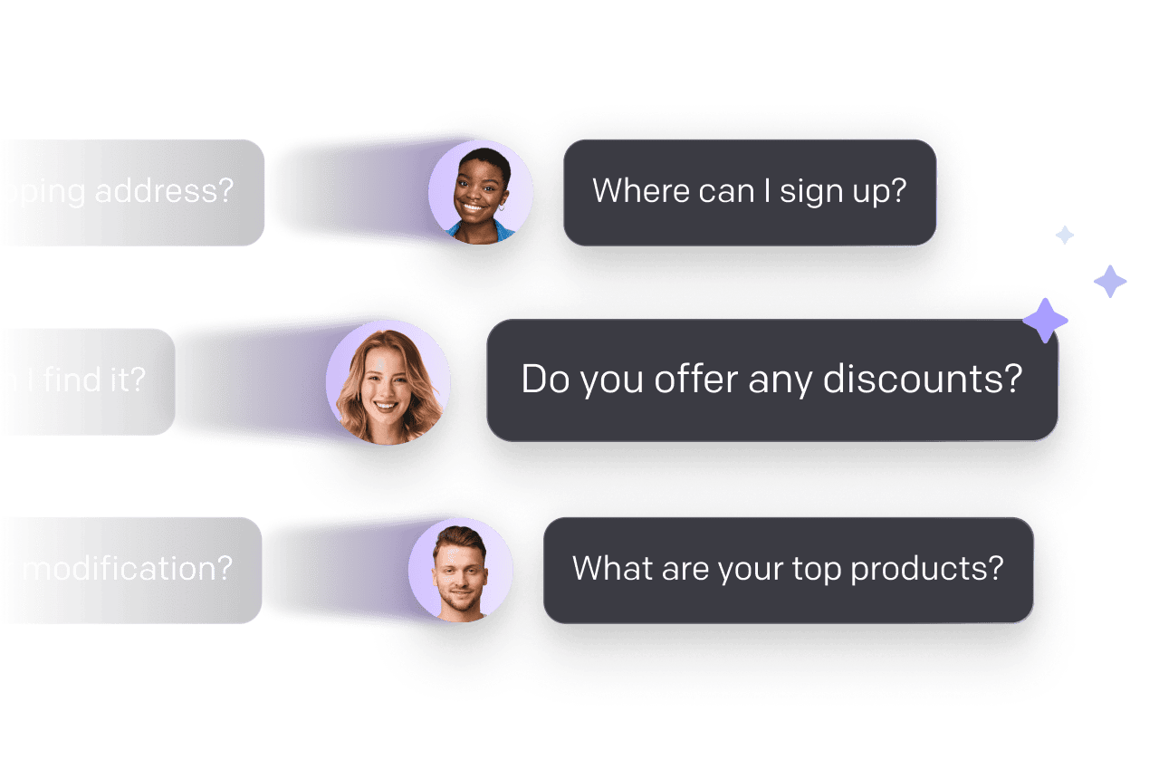 Chat interface showing customers asking questions like "Where can I sign up?", "Do you offer any discounts?", and "What are your top products?"—illustrating how AI-powered customer service chatbots handle customer queries through conversational AI and natural language processing to provide instant, accurate answers, improve customer satisfaction, and streamline customer support across multiple channels.