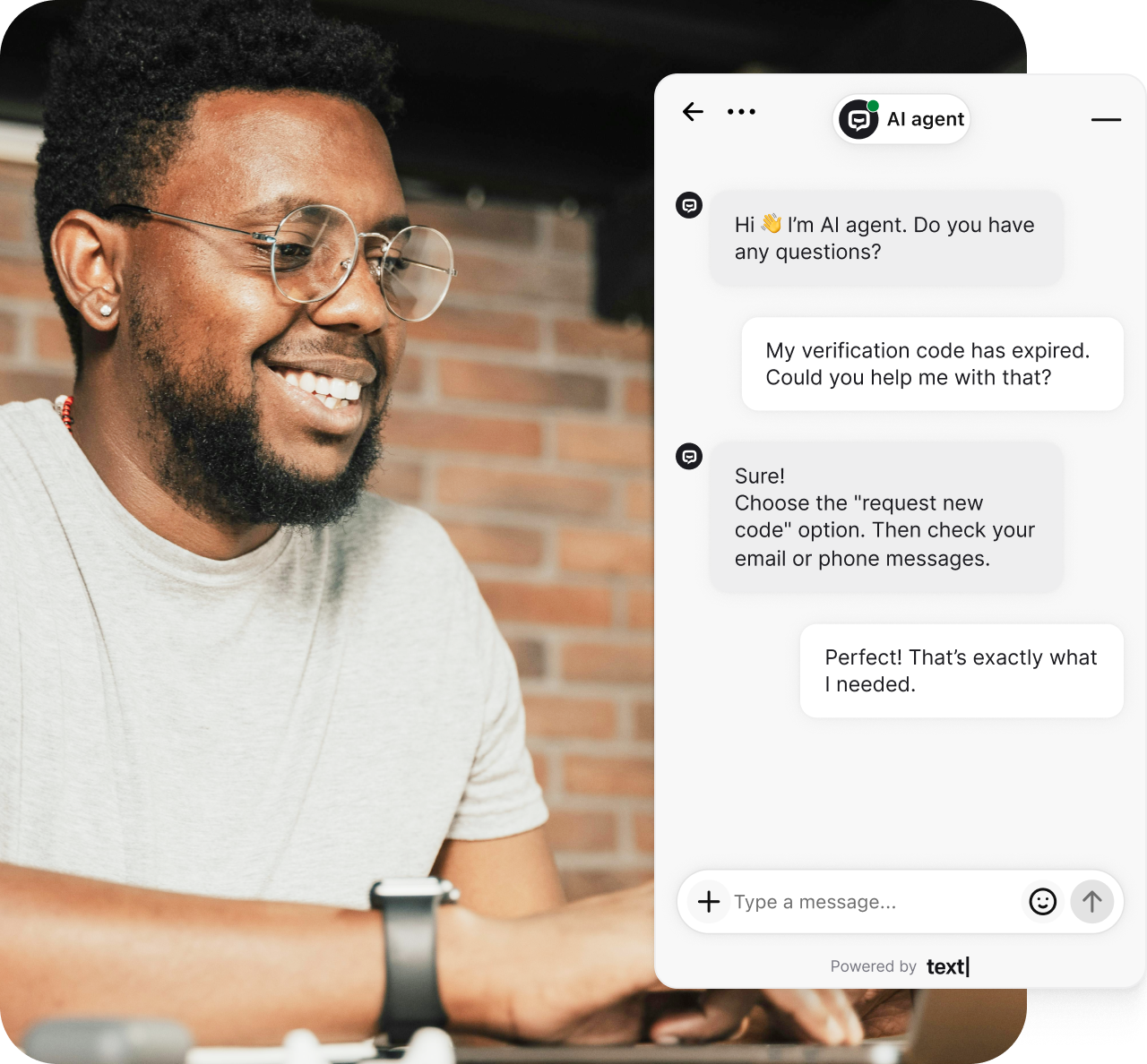 Smiling customer chatting with an AI-powered customer service chatbot on a laptop. The chatbot provides instant support and accurate answers to customer queries using conversational AI and machine learning. Demonstrates how AI customer service chatbots improve customer satisfaction, streamline support, and reduce repetitive tasks for human agents while ensuring consistent and accurate responses across multiple channels.