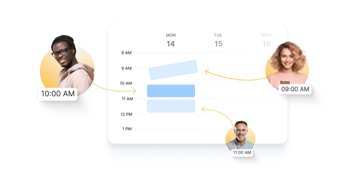 AI customer service chatbot scheduling meetings automatically for multiple users. Illustrates how AI-powered chatbots and agents handle repetitive tasks, provide proactive support, and improve customer experience through automated workflows and accurate responses.