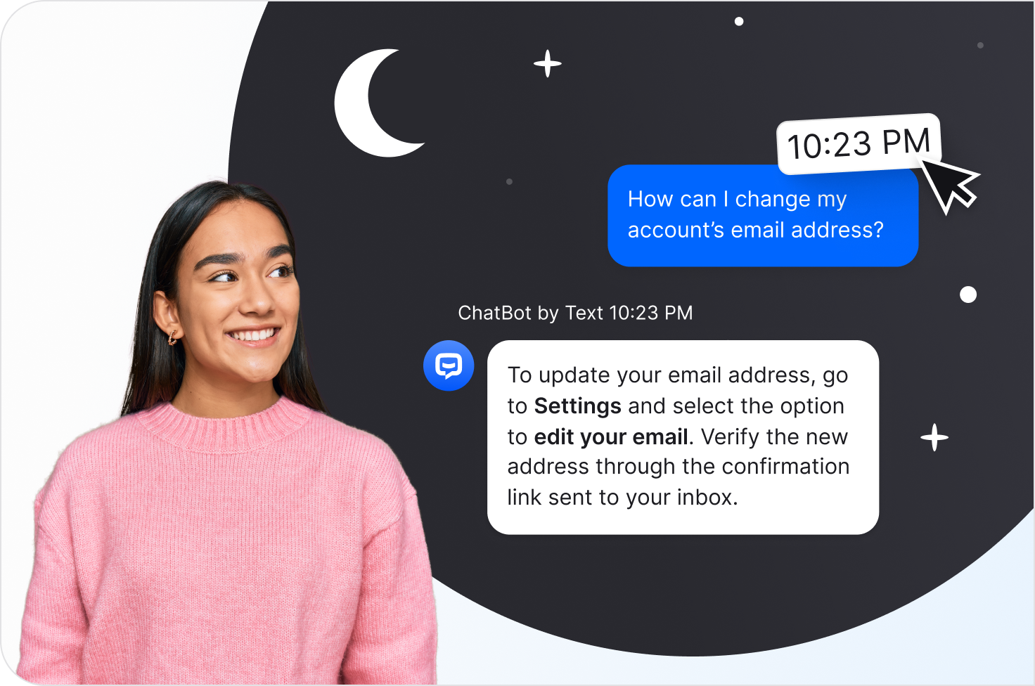 AI-powered customer service chatbot. Demonstrates how conversational AI provides instant answers, accurate responses, and self-service options that improve customer support, reduce repetitive tasks for human agents, and enhance customer satisfaction across multiple channels.
